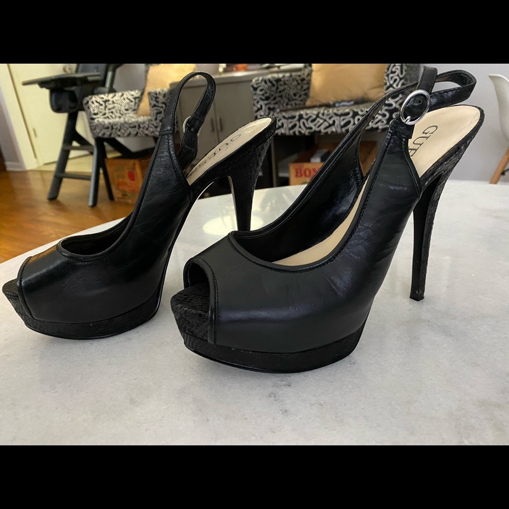 Black snake skin platform stiletto heels